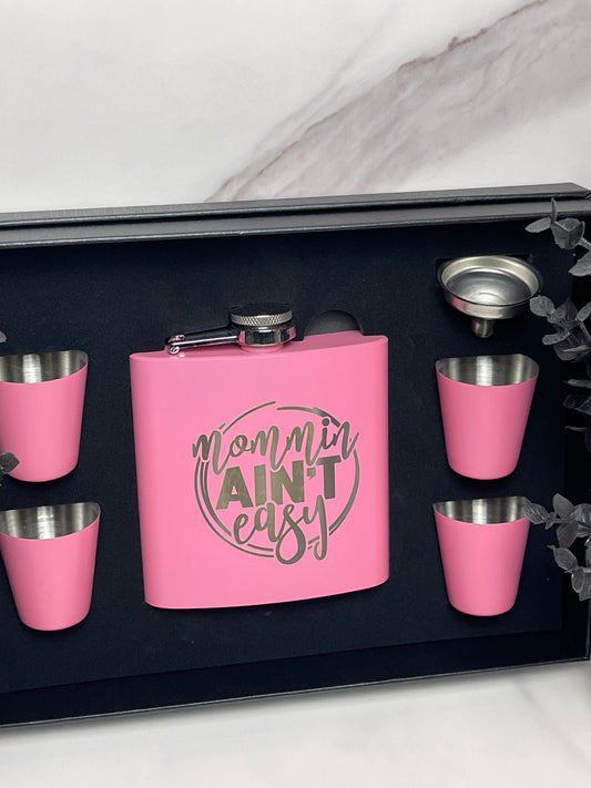 Mom Flask Set w/ 4 Shot Glasses and Funnel