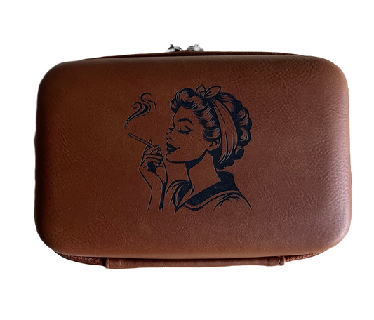 Brown leatherette smoke case with zipper closure, inner clear bag, and retro 1950's housewife artwork.