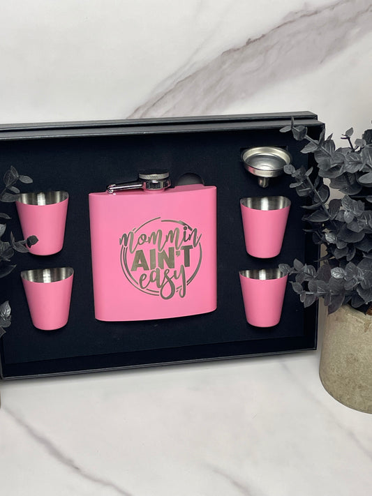 Mom Flask Set w/ 4 Shot Glasses and Funnel